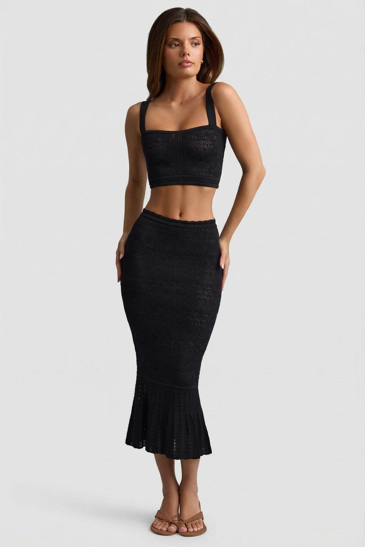 Ruffle-Trim Pointelle-Knit Midaxi Skirt in Black