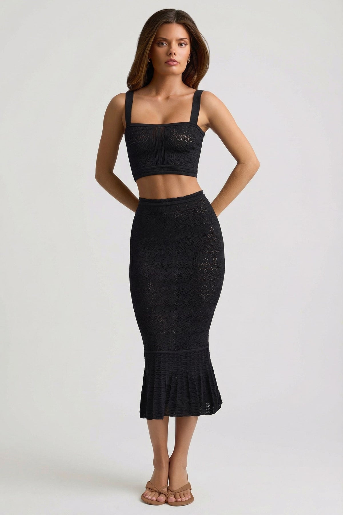 Ruffle-Trim Pointelle-Knit Midaxi Skirt in Black