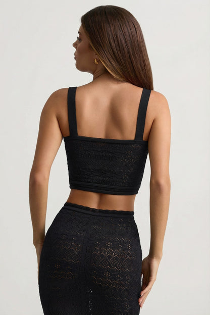 Pointelle-Knit Crop Top in Black