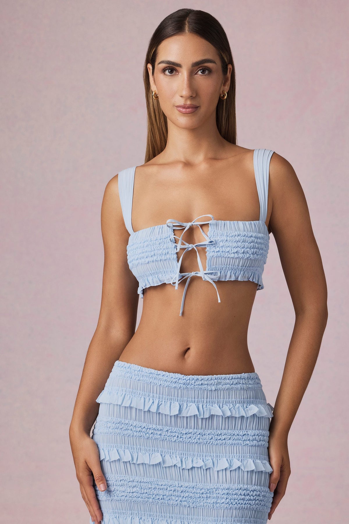 Ruffle Tie-Front Crop Top in Powder Blue