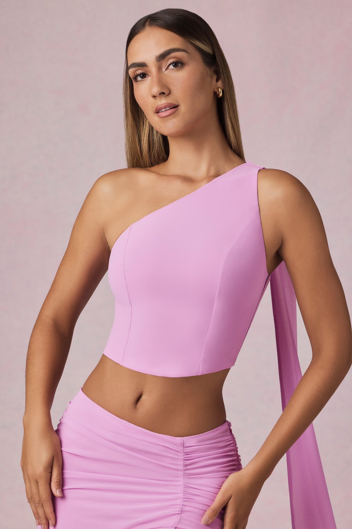 Scarf-Detail One-Shoulder Top in Pink Orchid