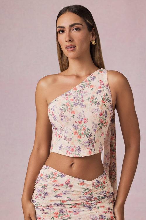 Scarf-Detail One-Shoulder Top in Primrose Floral Print
