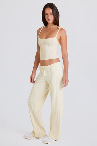 Ribbed Knit Wide-Leg Joggers in Cream