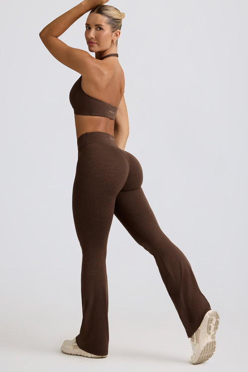 Brushed Jersey Ruched Flared Trousers in Pecan Marl