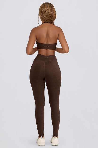 Brushed Jersey Ruched Mid-Rise Leggings in Pecan Marl