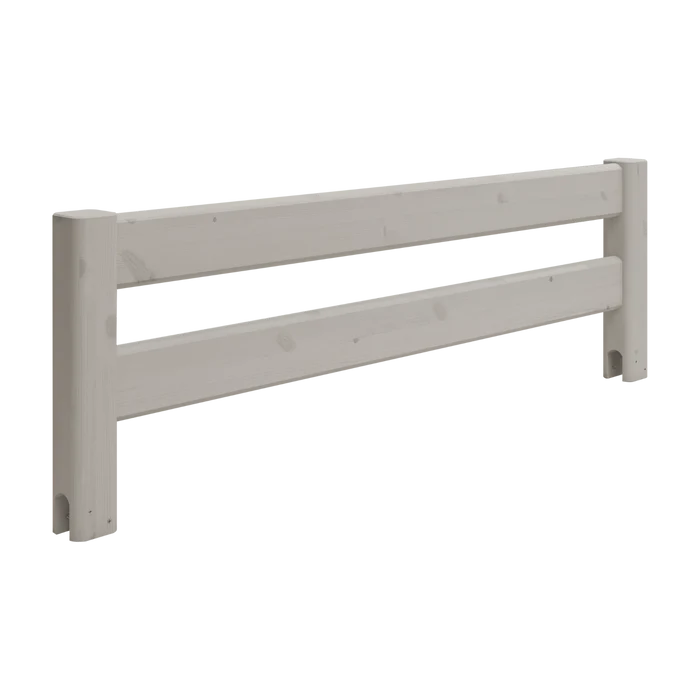 FLEXA SAFETY RAIL, grey pine with rounded edges, fits mid-high beds; two horizontal bars for child safety in kids’ rooms.