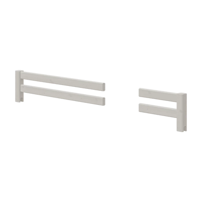 Pair of grey FLEXA divided safety rails, one long and one short, shown on white, child-safe bedside design.