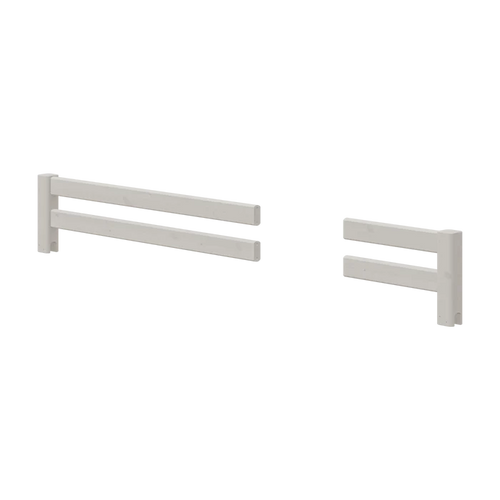 Pair of grey FLEXA divided safety rails, one long and one short, shown on white, child-safe bedside design.