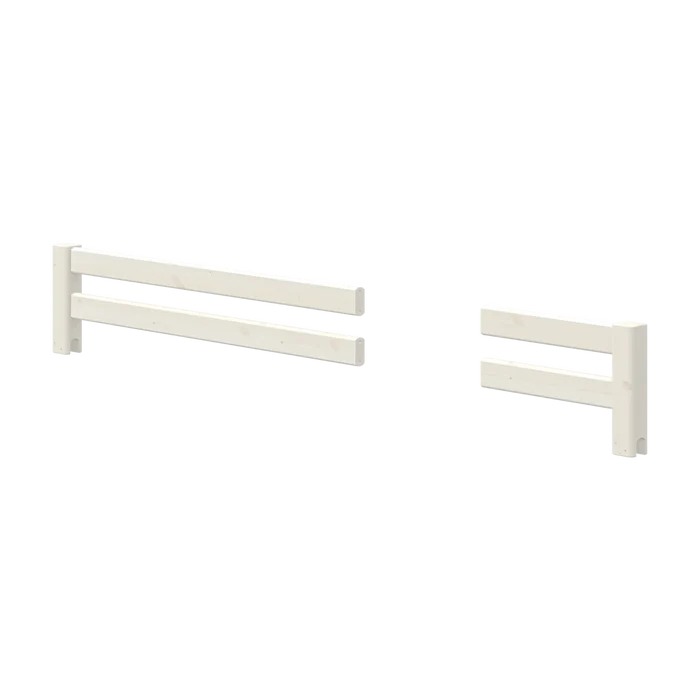 FLEXA safety rails from the WHITE collection, white finish, two-bar design, child-safe edges, shown on pale background.