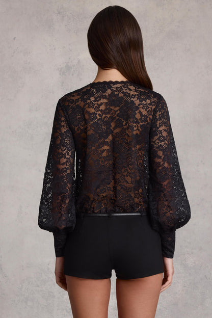Sheer Lace Plunge-Neck Loose-Fit Playsuit in Black