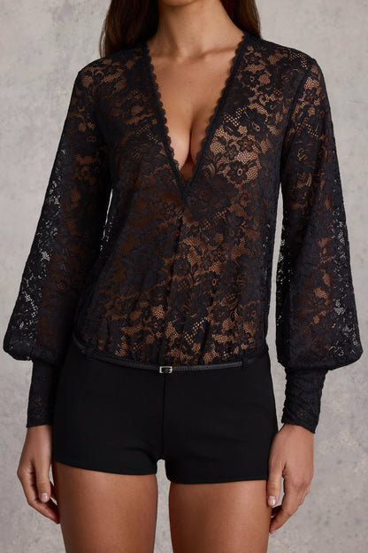 Sheer Lace Plunge-Neck Loose-Fit Playsuit in Black