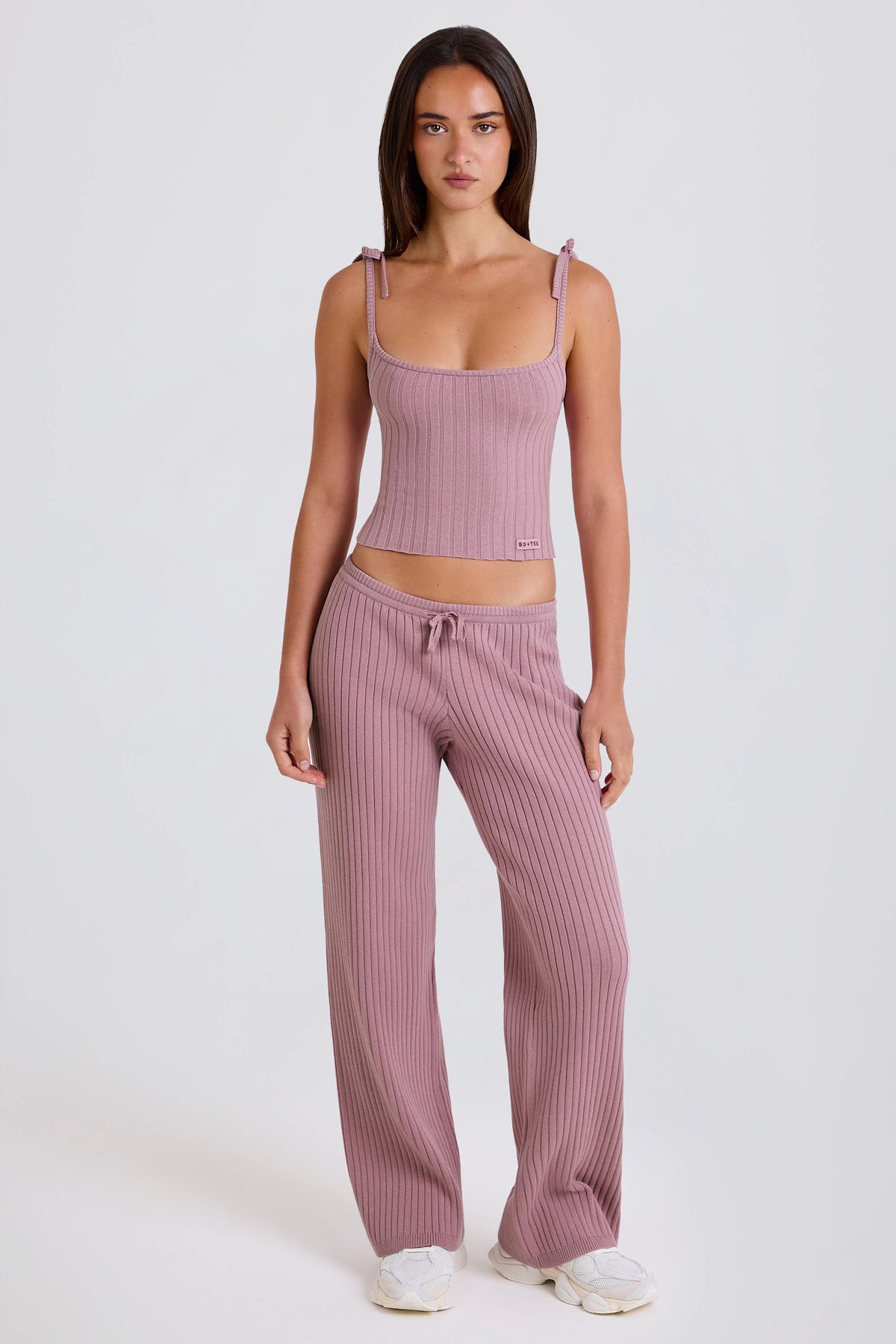 Ribbed Knit Tie Tank Top in Mauve