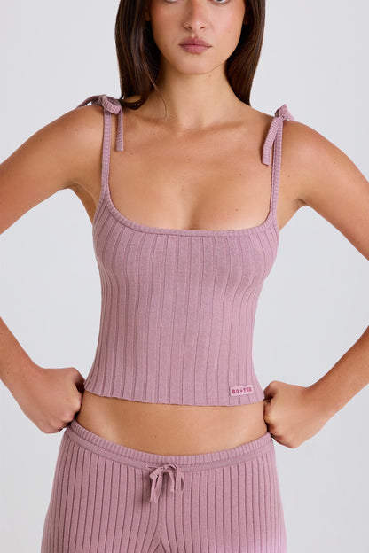 Ribbed Knit Tie Tank Top in Mauve