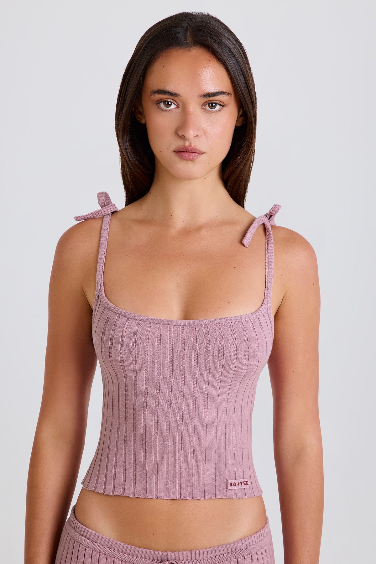 Ribbed Knit Tie Tank Top in Mauve
