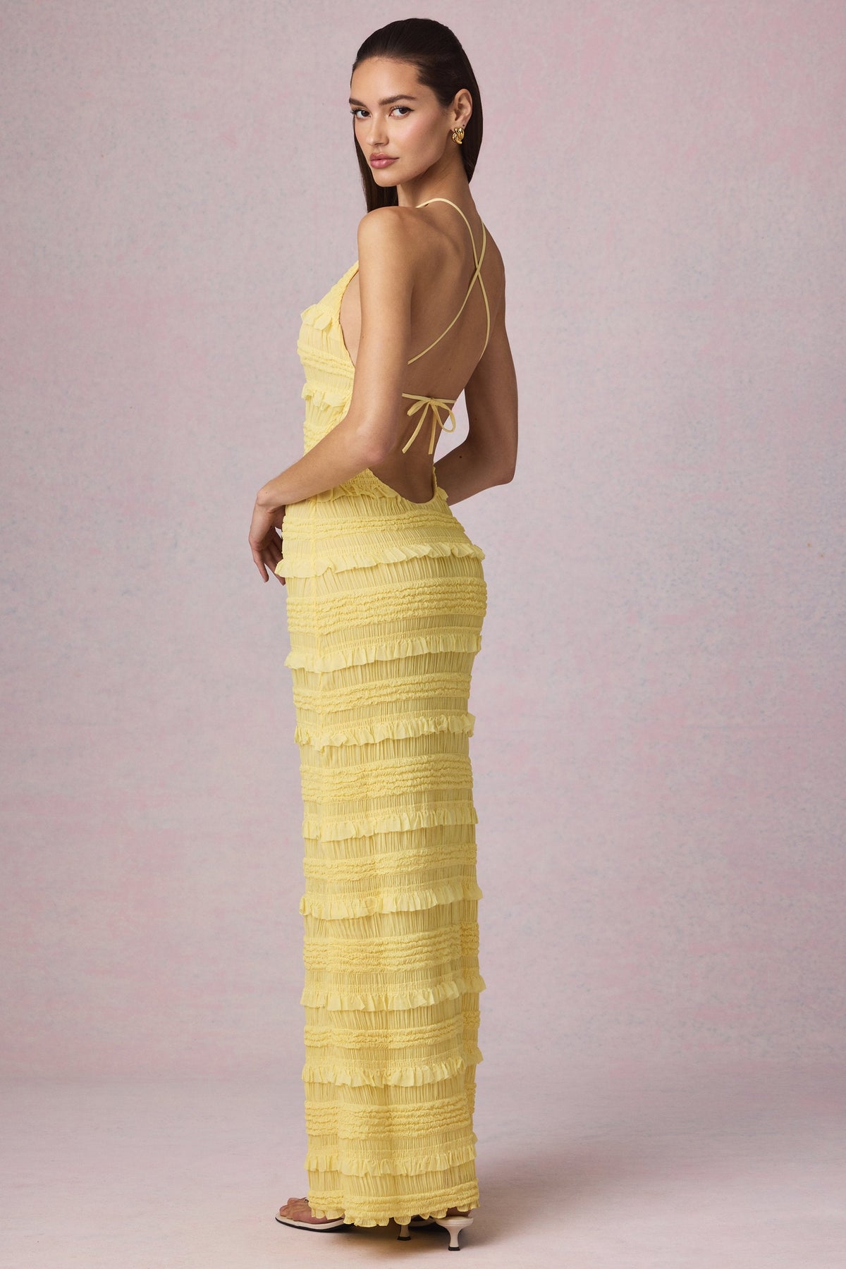 Ruffled Backless Halterneck Maxi Dress in Lemon Yellow