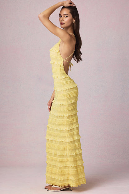 Ruffled Backless Halterneck Maxi Dress in Lemon Yellow