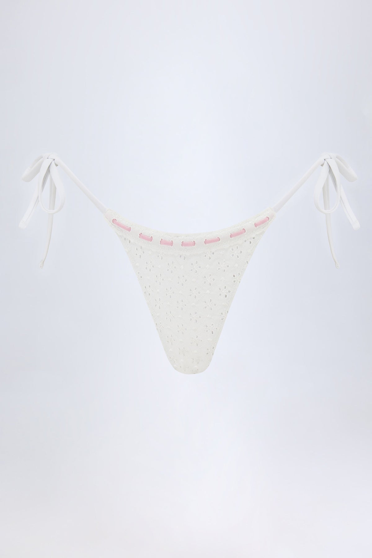 Broderie Anglaise Side-Tie Thong Bikini Bottoms in White
