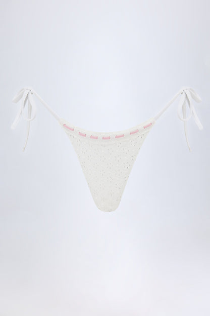 Broderie Anglaise Side-Tie Thong Bikini Bottoms in White