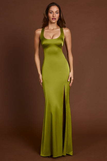 Scoop-Neck Lace-up Back Maxi Dress in Olive Green