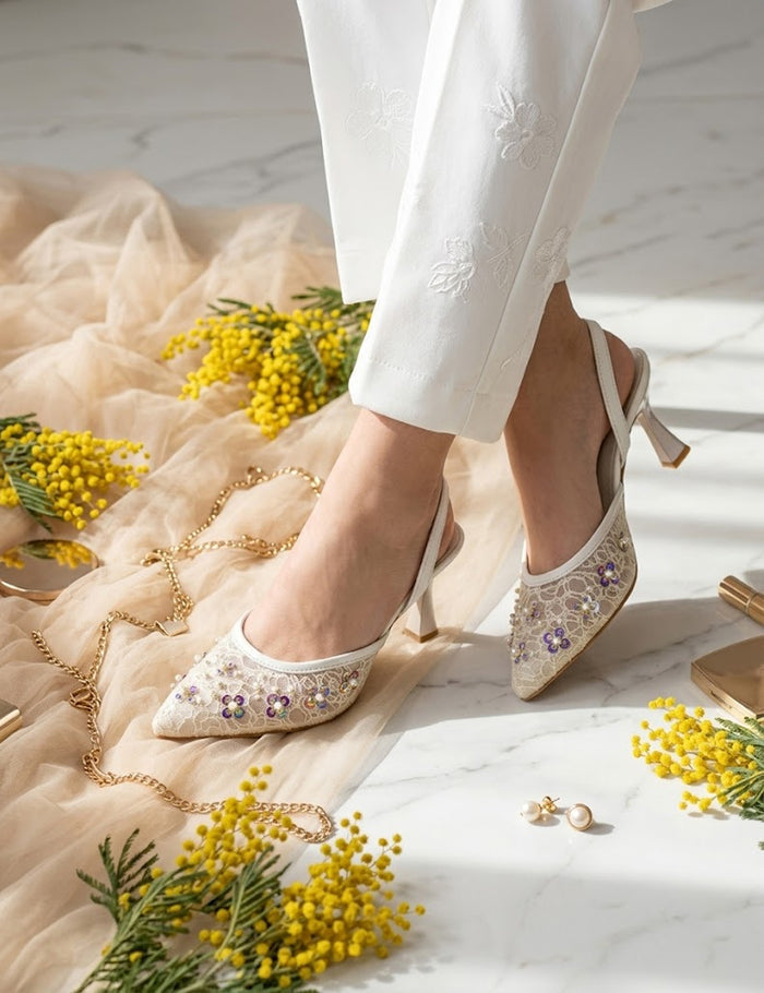 White Fancy Heel Sandal For Women