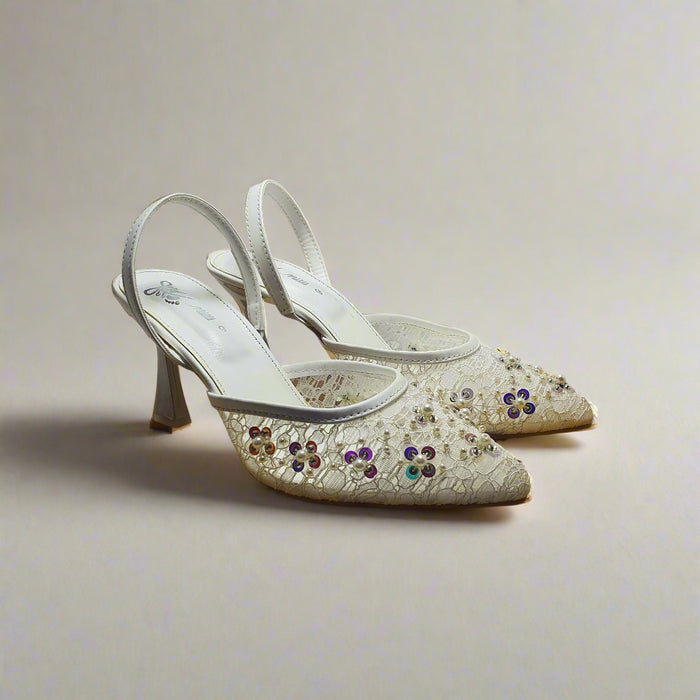 White Fancy Heel Sandal For Women