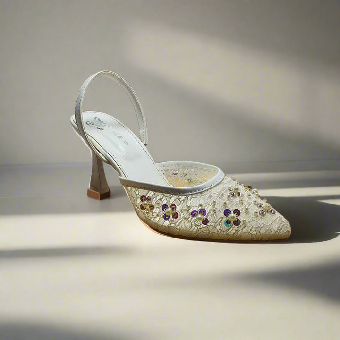 White Fancy Heel Sandal For Women